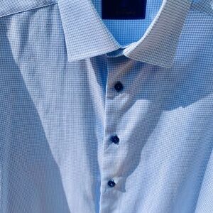 David Donahue Dress Shirt Mens 17 32/33 Micro Grid Blue & White Long Sleeve EUC!